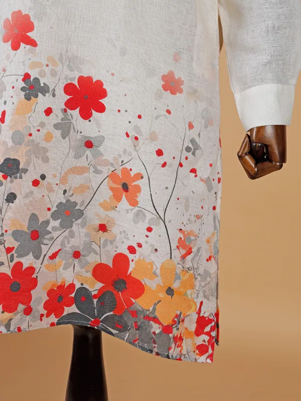 Modern light cream cotton kurta with prints