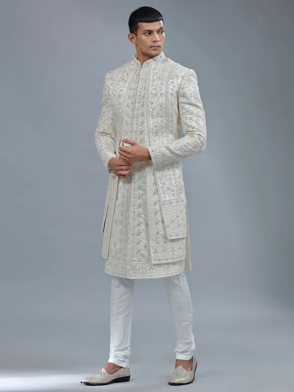Modern white jacket style silk sherwani