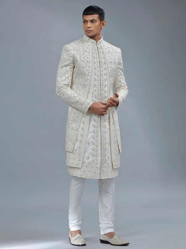 Modern white jacket style silk sherwani
