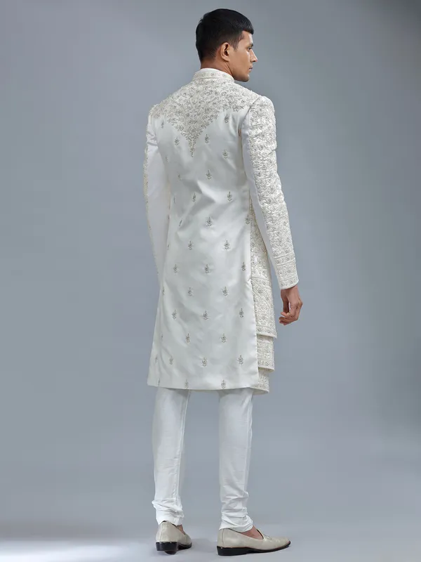 Modern white jacket style silk sherwani