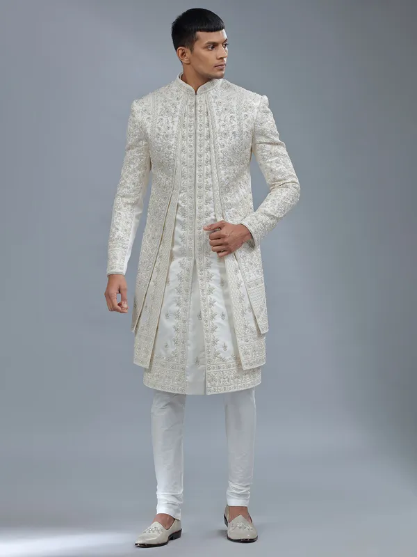 Modern white jacket style silk sherwani