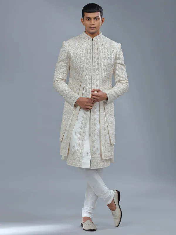 Modern white jacket style silk sherwani