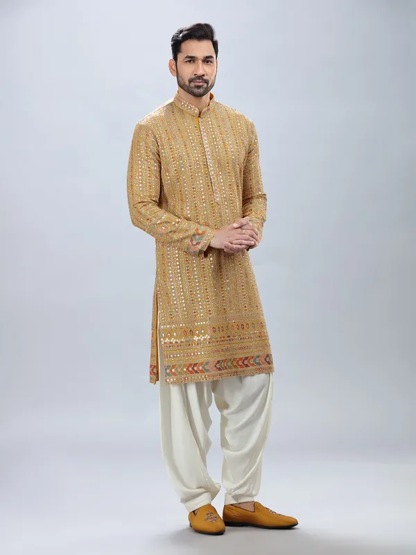 Modern yellow georgette kurta set for men