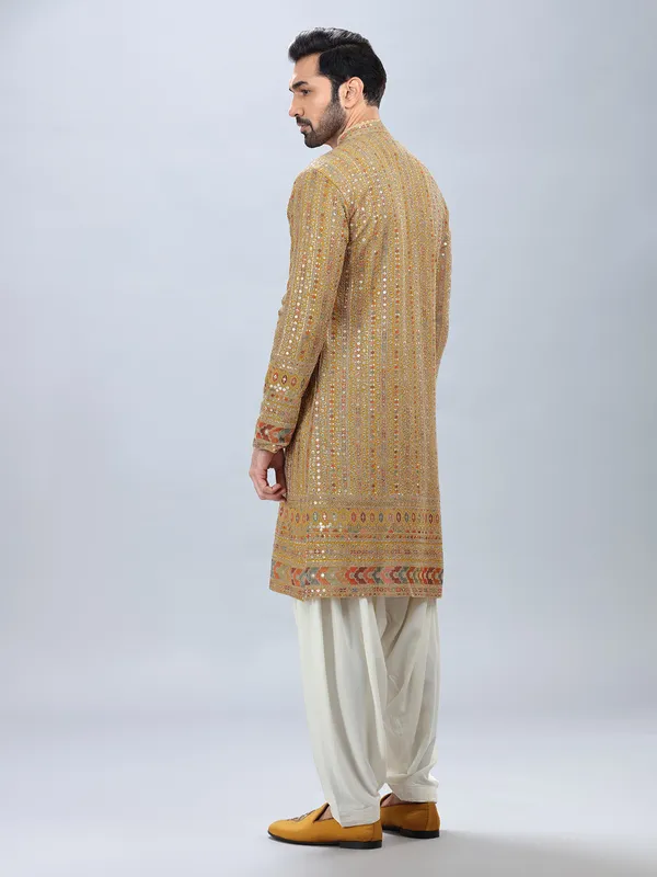 Modern yellow georgette kurta set for men
