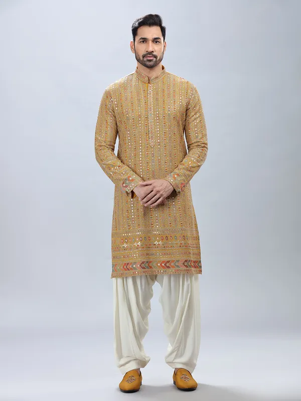 Modern yellow georgette kurta set for men