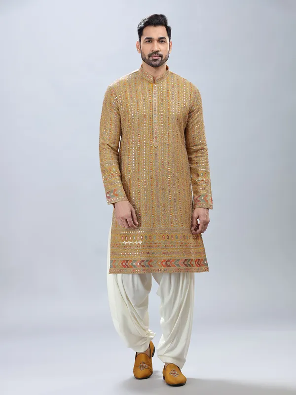 Modern yellow georgette kurta set for men