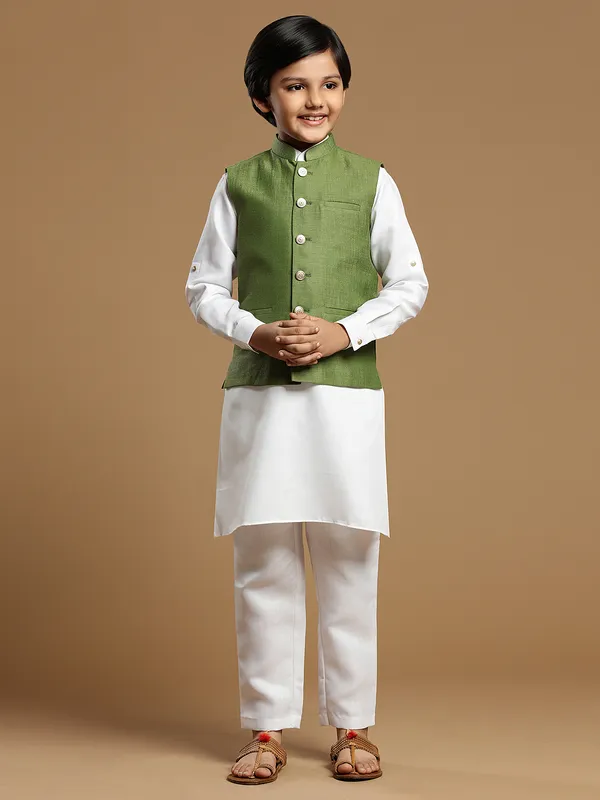 Moss green color cotton silk boys waistcoat set