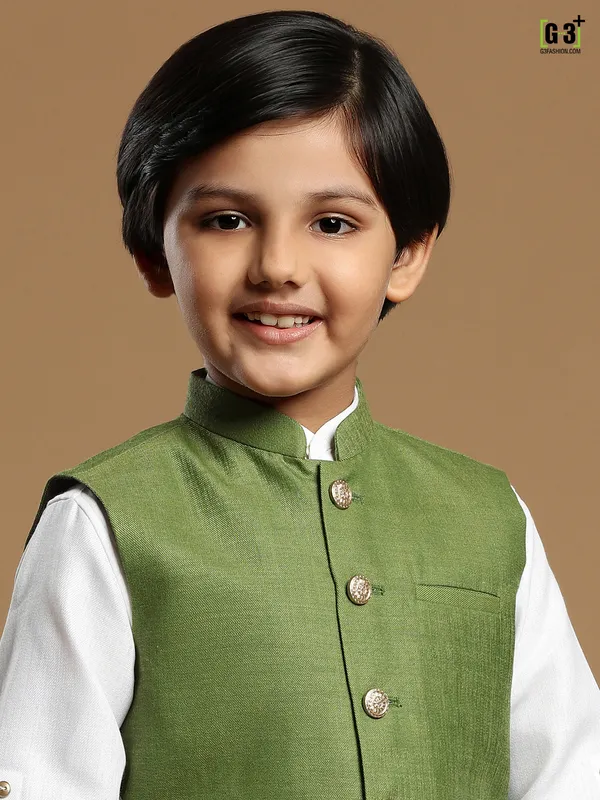 Moss green color cotton silk boys waistcoat set