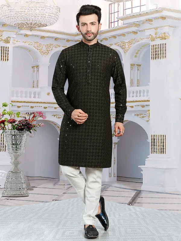 Moss green silk embroidery  Men Kurta pajama