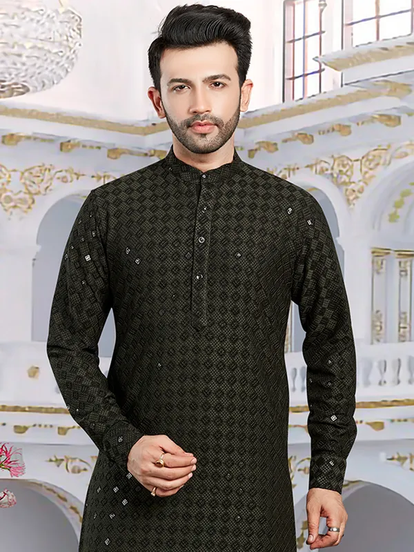 Moss green silk embroidery  Men Kurta pajama