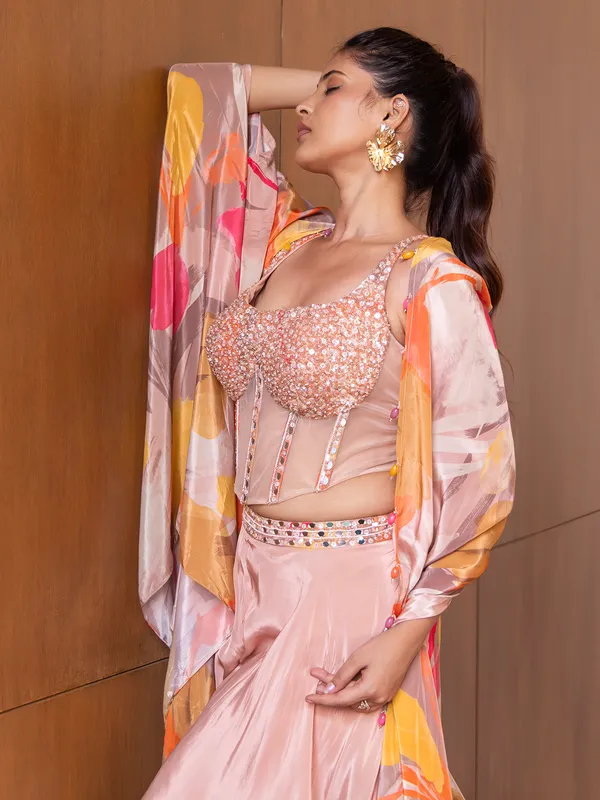 Muave pink printed silk palazzo suit with shrug