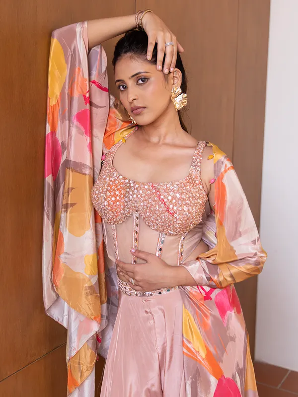 Muave pink printed silk palazzo suit with shrug