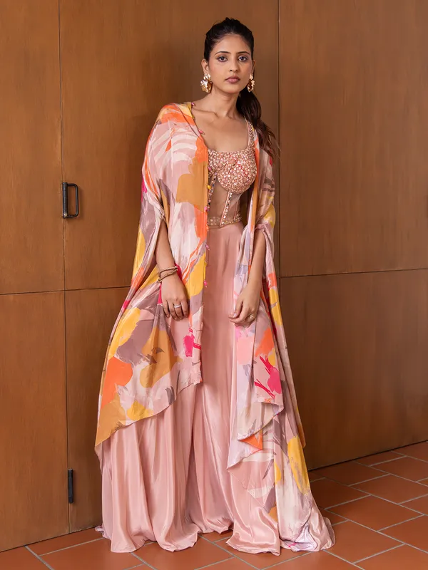 Muave pink printed silk palazzo suit with shrug