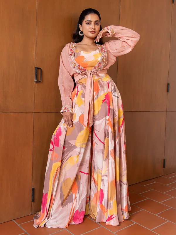 Muave pink silk palazzo suit with print