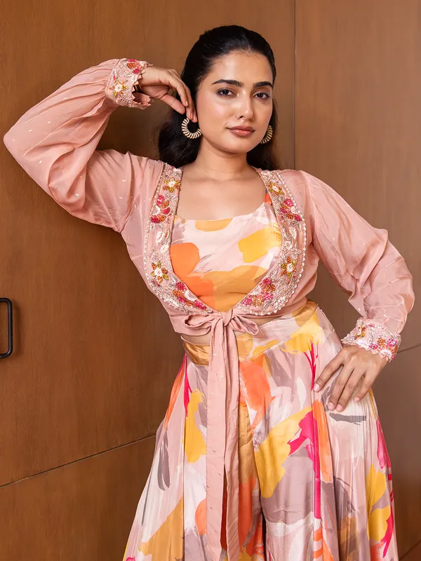 Muave pink silk palazzo suit with print