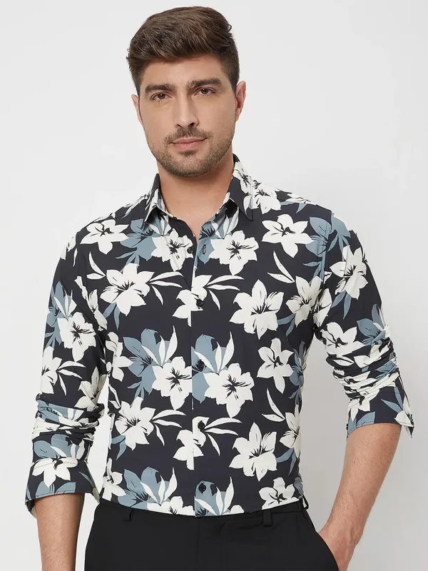 MUFI black printed cotton casual shirt