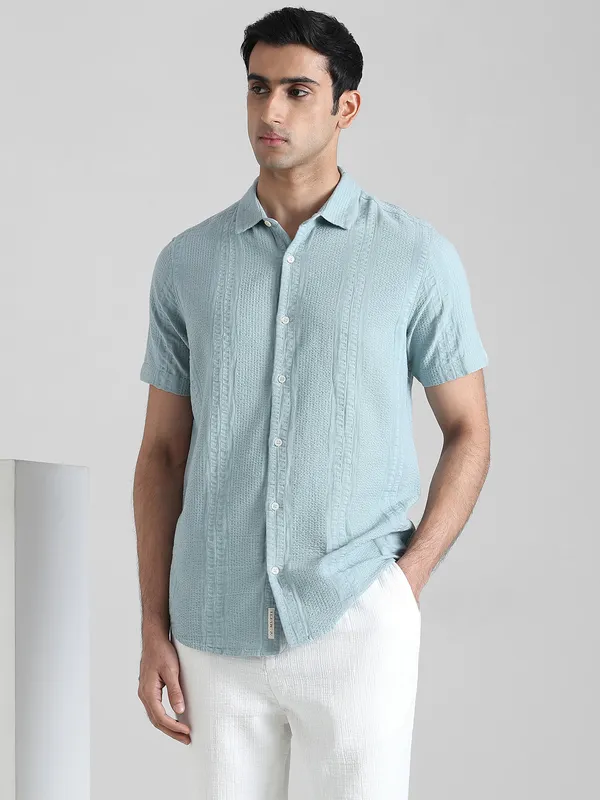 MUFTI aqua blue cotton shirt for casual wear