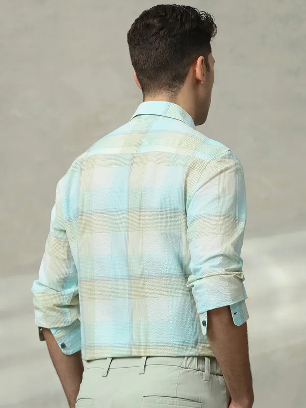 MUFTI aqua colured printed cotton slim fit shirt