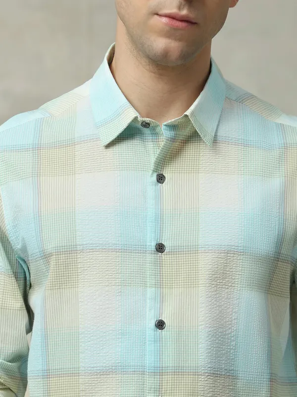MUFTI aqua colured printed cotton slim fit shirt