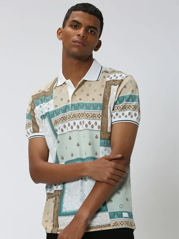 Mufti beige and white printed t shirt