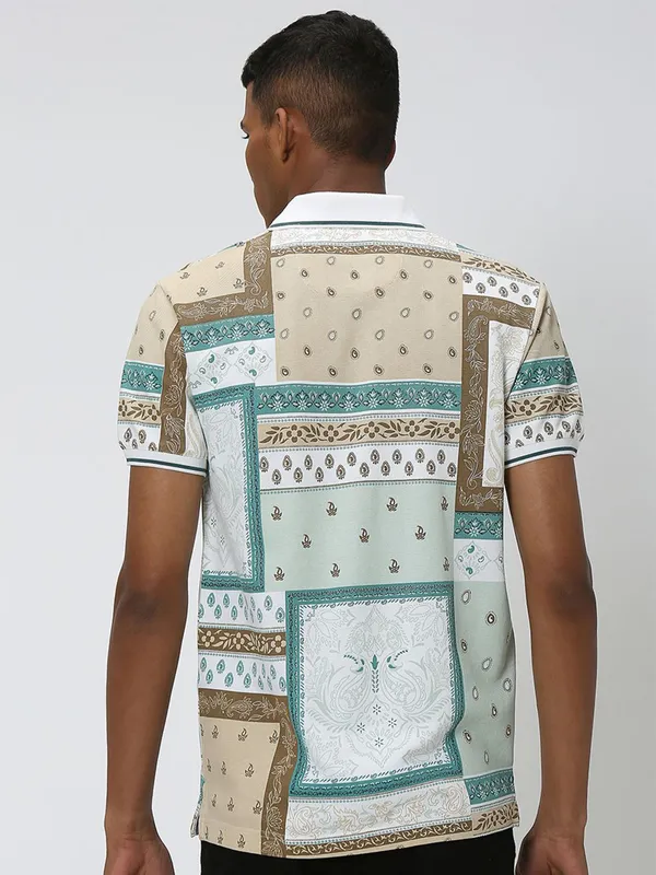 Mufti beige and white printed t shirt