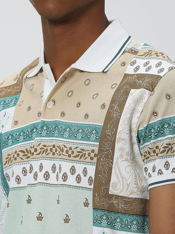 Mufti beige and white printed t shirt