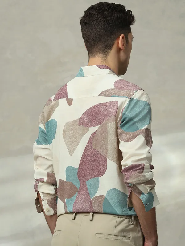 MUFTI beige printed cotton slim fit casual shirt