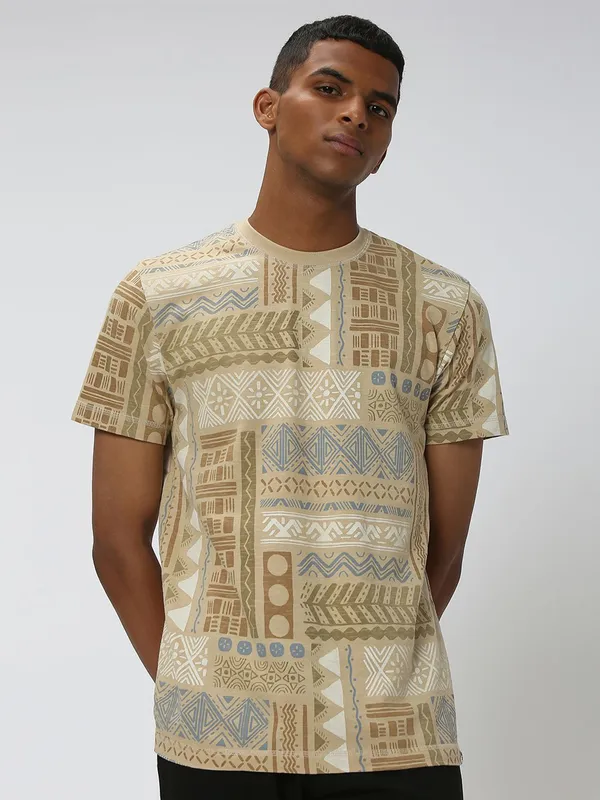 Mufti beige printed t shirt
