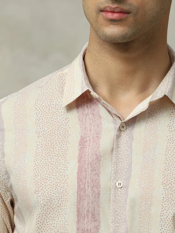 MUFTI beige striped slim fit casual shirt for men