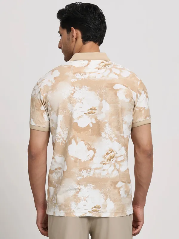 MUFTI beige textured printed polo t-shirt