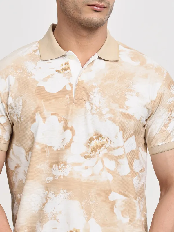 MUFTI beige textured printed polo t-shirt
