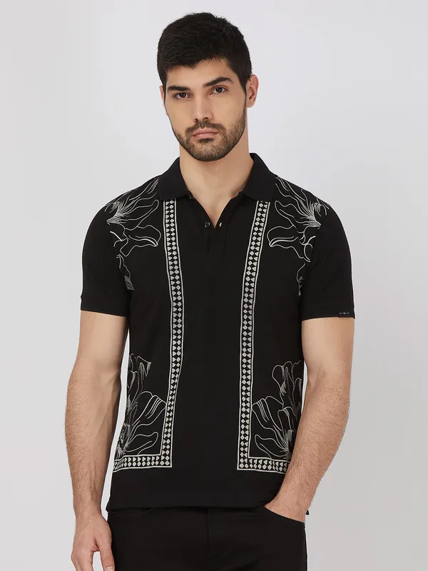 MUFTI black printed cotton polo t-shirt