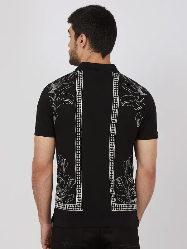 MUFTI black printed cotton polo t-shirt