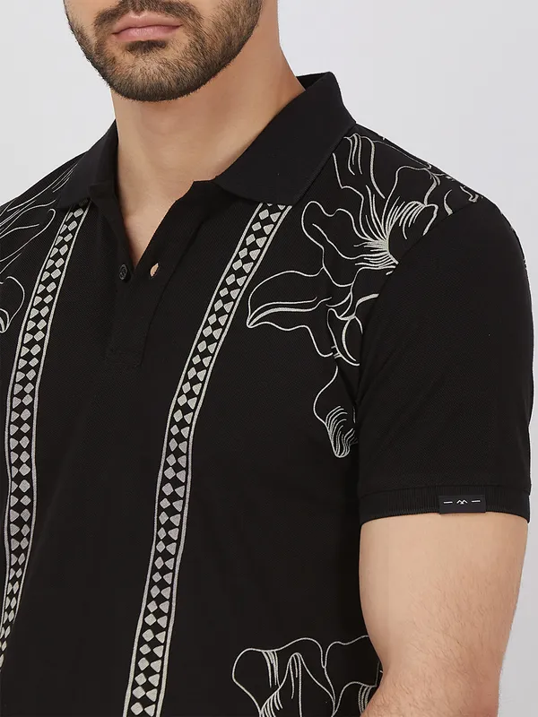 MUFTI black printed cotton polo t-shirt