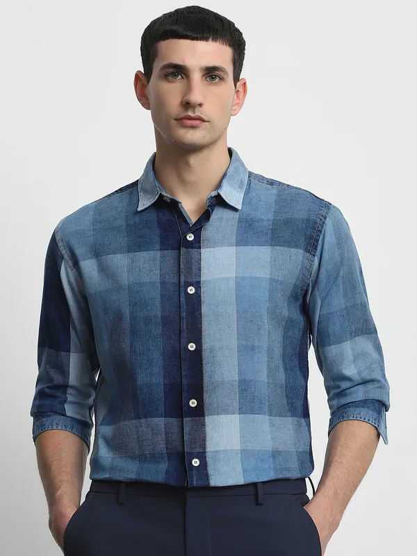 MUFTI blue checked cotton casual shirt