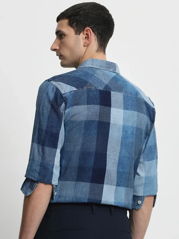 MUFTI blue checked cotton casual shirt