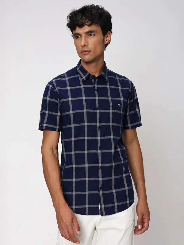 Mufti blue checks casual slim fit shirt