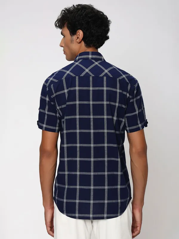Mufti blue checks casual slim fit shirt