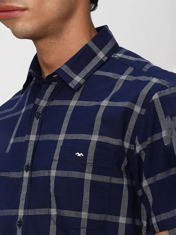 Mufti blue checks casual slim fit shirt