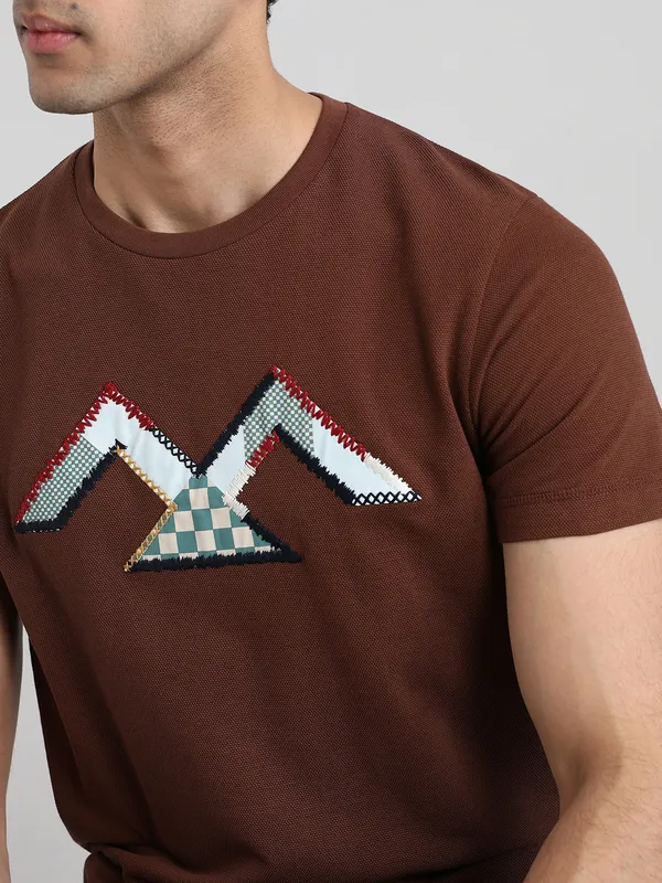 MUFTI brown printed round neck t-shirt