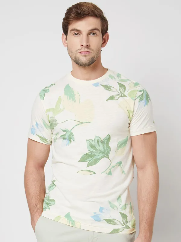 Mufti cream leaf printed t-shirt