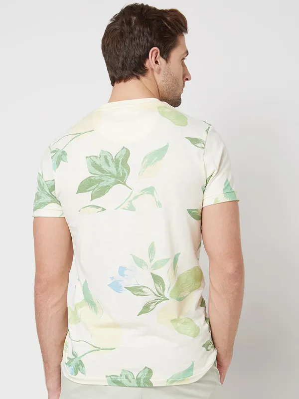 Mufti cream leaf printed t-shirt