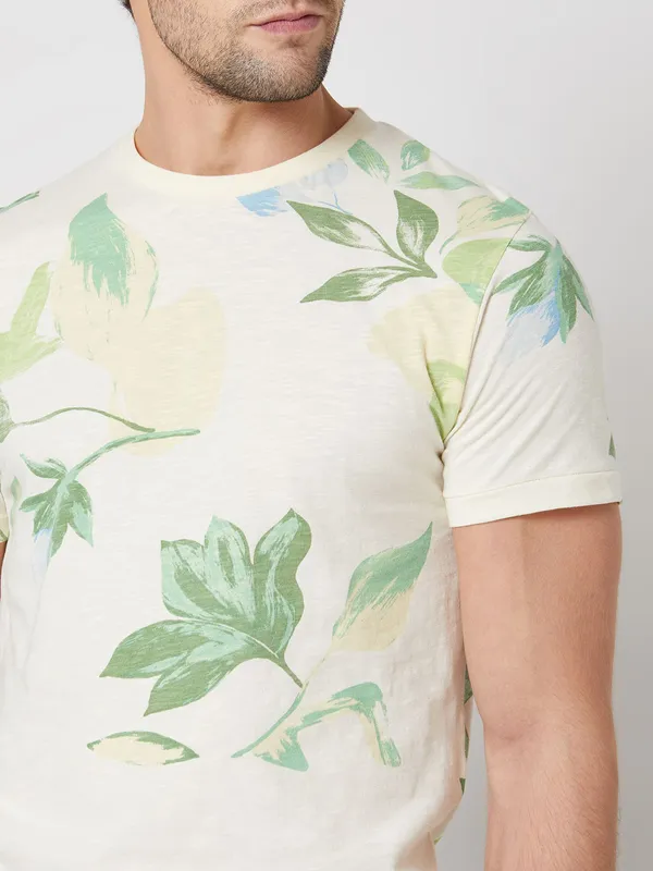 Mufti cream leaf printed t-shirt