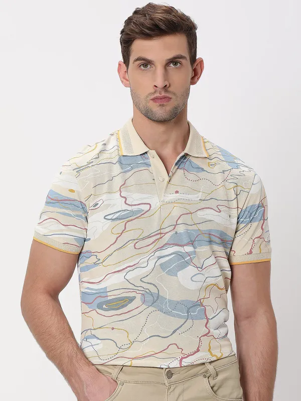 Mufti cream polo printed t-shirt