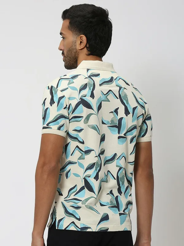 Mufti cream printed cotton t shirt