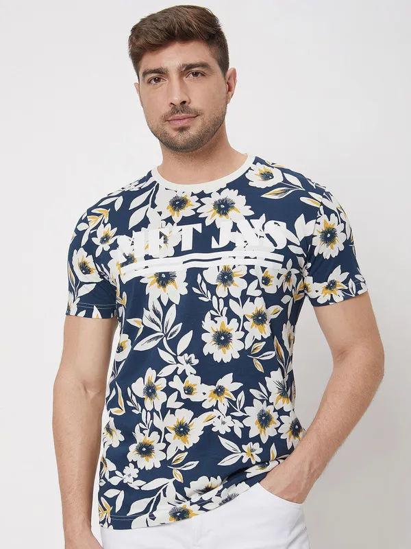 Mufti dark blue floral printed t-shirt
