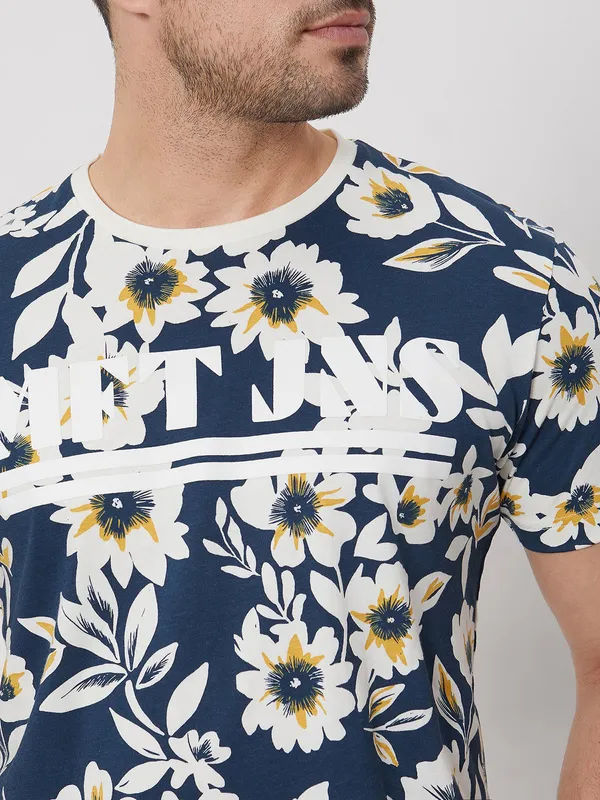 Mufti dark blue floral printed t-shirt