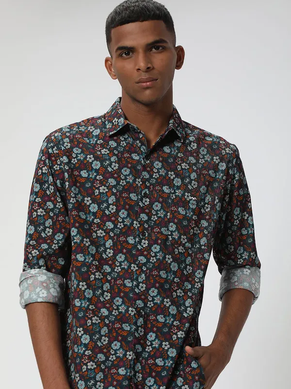 Mufti floral printed cotton teal blue shirt