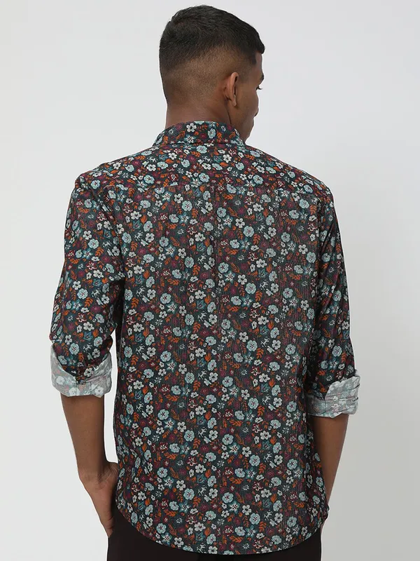 Mufti floral printed cotton teal blue shirt