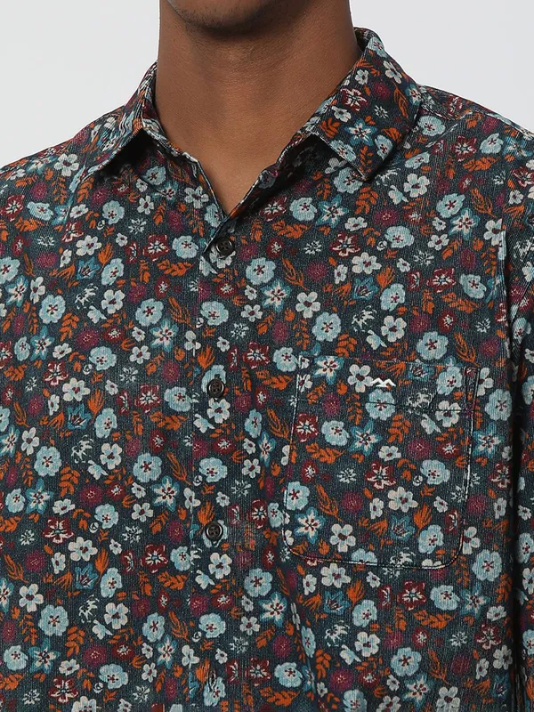 Mufti floral printed cotton teal blue shirt